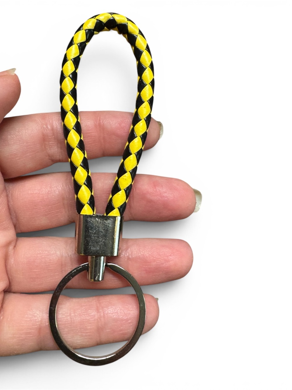 Braided Black Yellow Leather Keychain NIP - Picture 5 of 6
